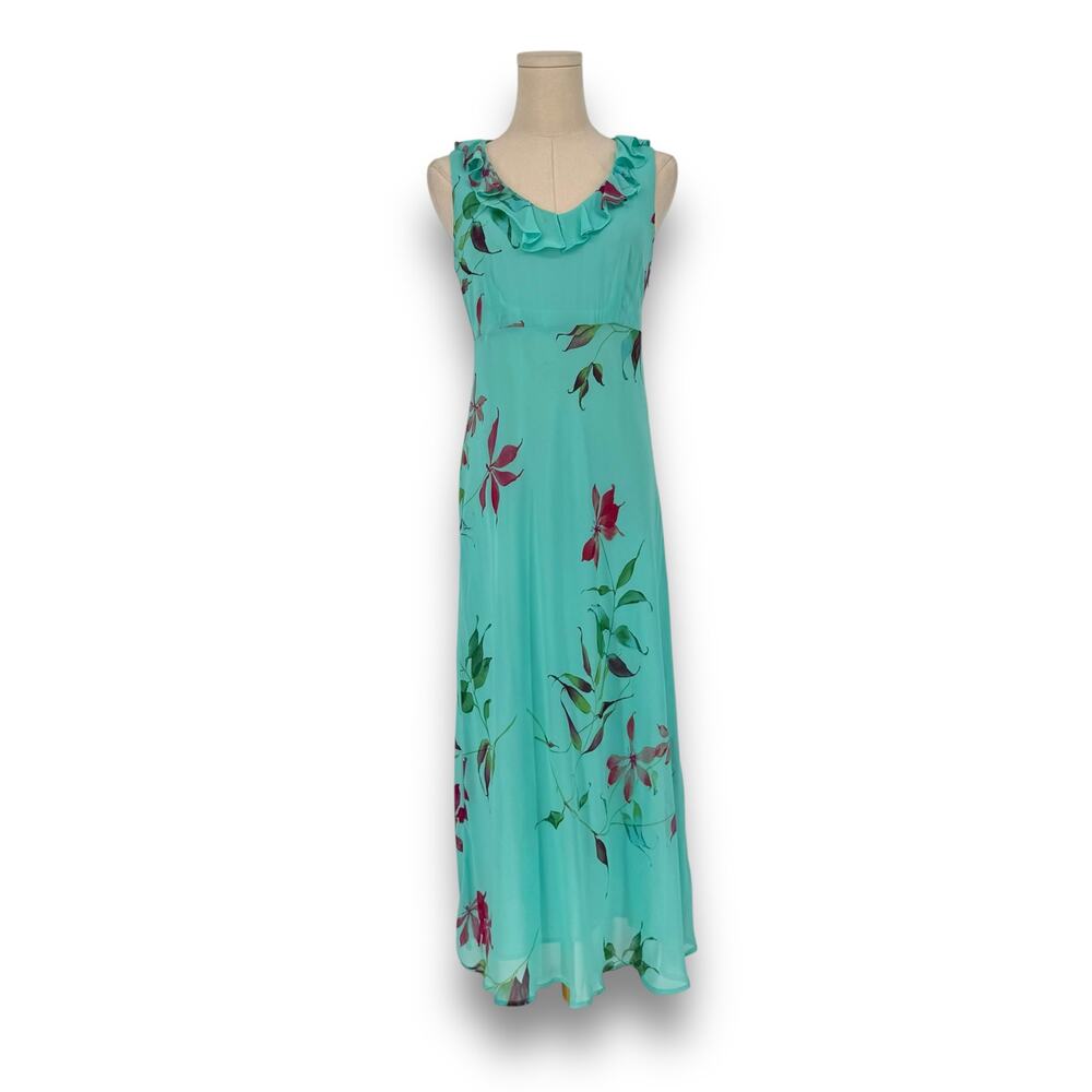 90s Carole Little Teal Blue Floral Print Ruffle Trim Maxi Dress, Size 4